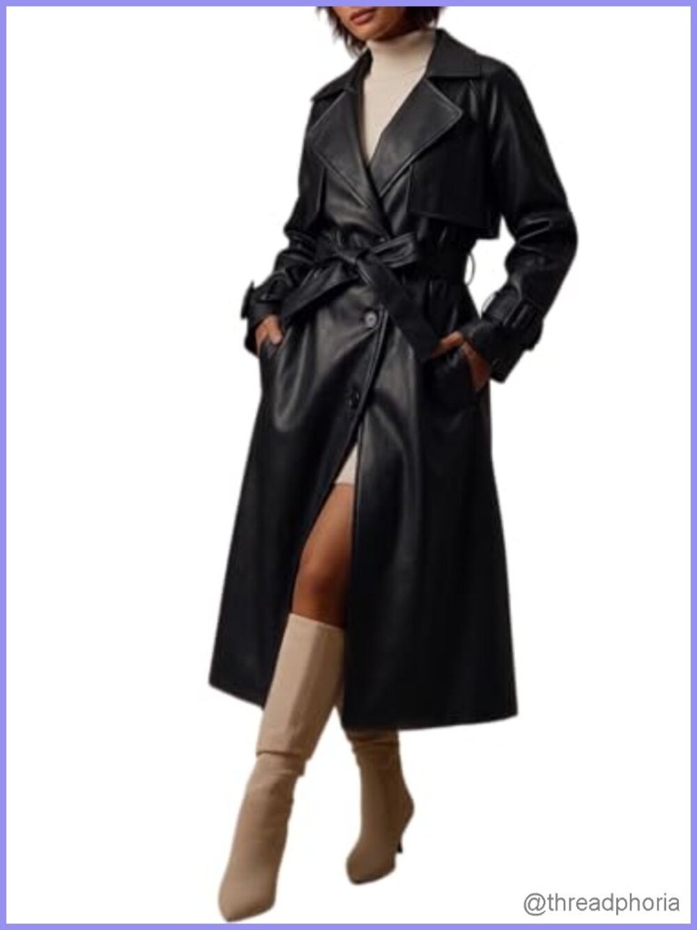 Faux Leather Classic Lapel Belted Trench Coat Loose Fit Spring Outerwear